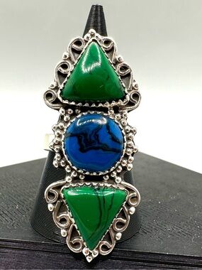 🟩🔵🟩Blue & Green Rosarita Sterling Silver 925 Adjustable Ring Handmade